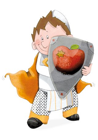 bäckman mit Schild mit einem Apfel drauf als Vitaminabwehr