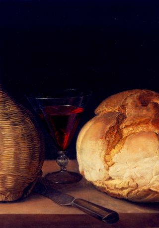 Stillleben mit Korbflasche, Kelchglas und Brot