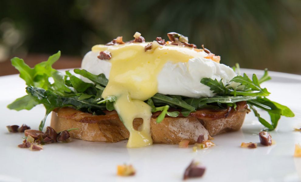 Eggs Benedict auf Ruccola Brot